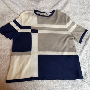 PHILIPPE MARQUES Blue Tan Square Colorblock Short Sleeve Knit Top Vintage Medium